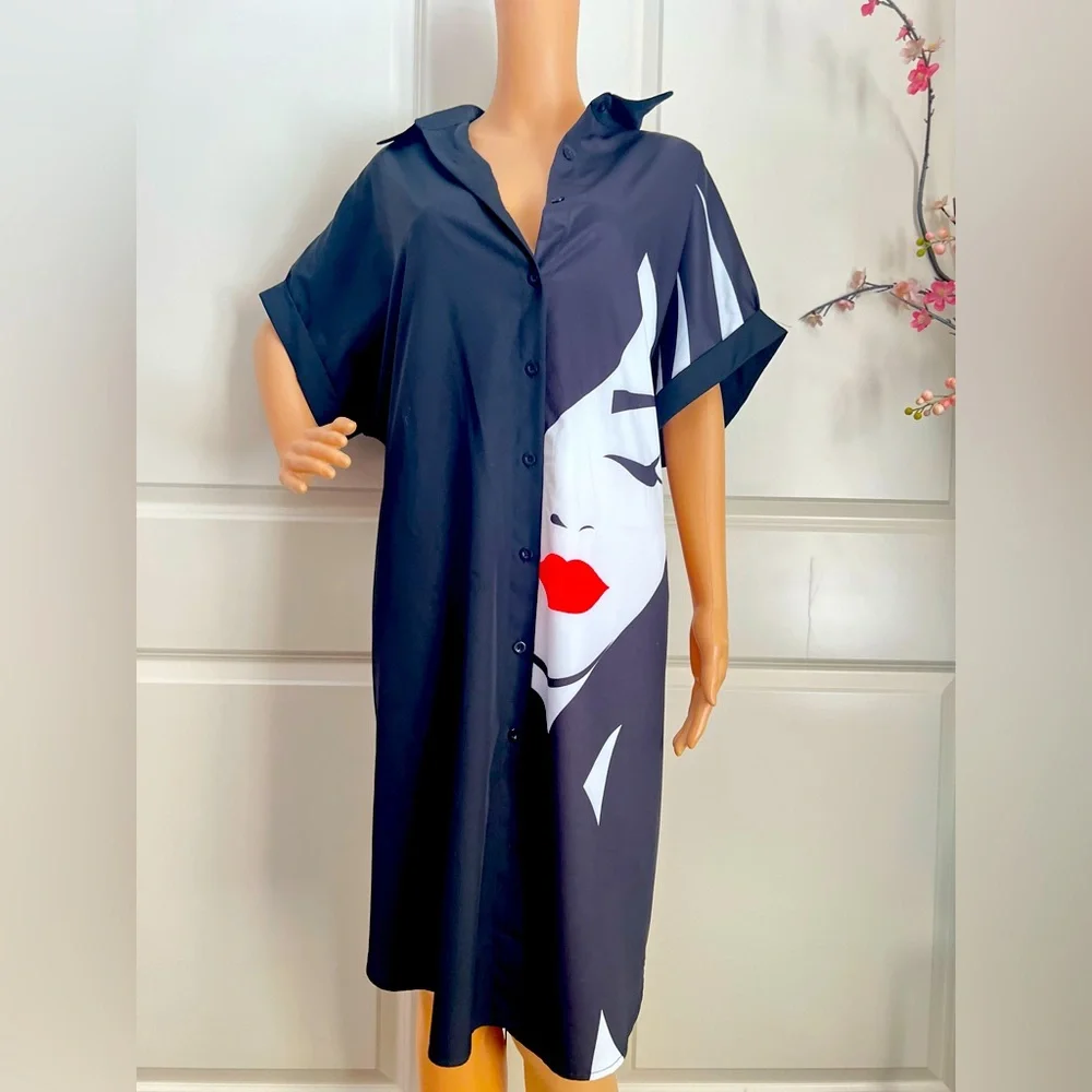 New SHEIN LUNE Figure Graphic Batwing Sleeve Shirt Dress - Picture 8 of 14